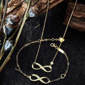 Gold Sterling Silver Diamond Zircon Infinity Heart Bracelet Necklace 2 pc Set